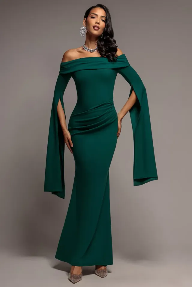 Goddiva Bardot abito maxi smeraldo scuba sirena