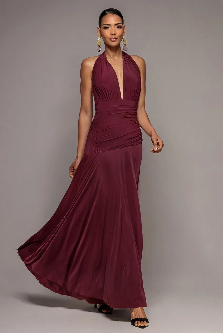 Goddiva Halter Neck Empire Waist abito maxi burgundy scollo halter