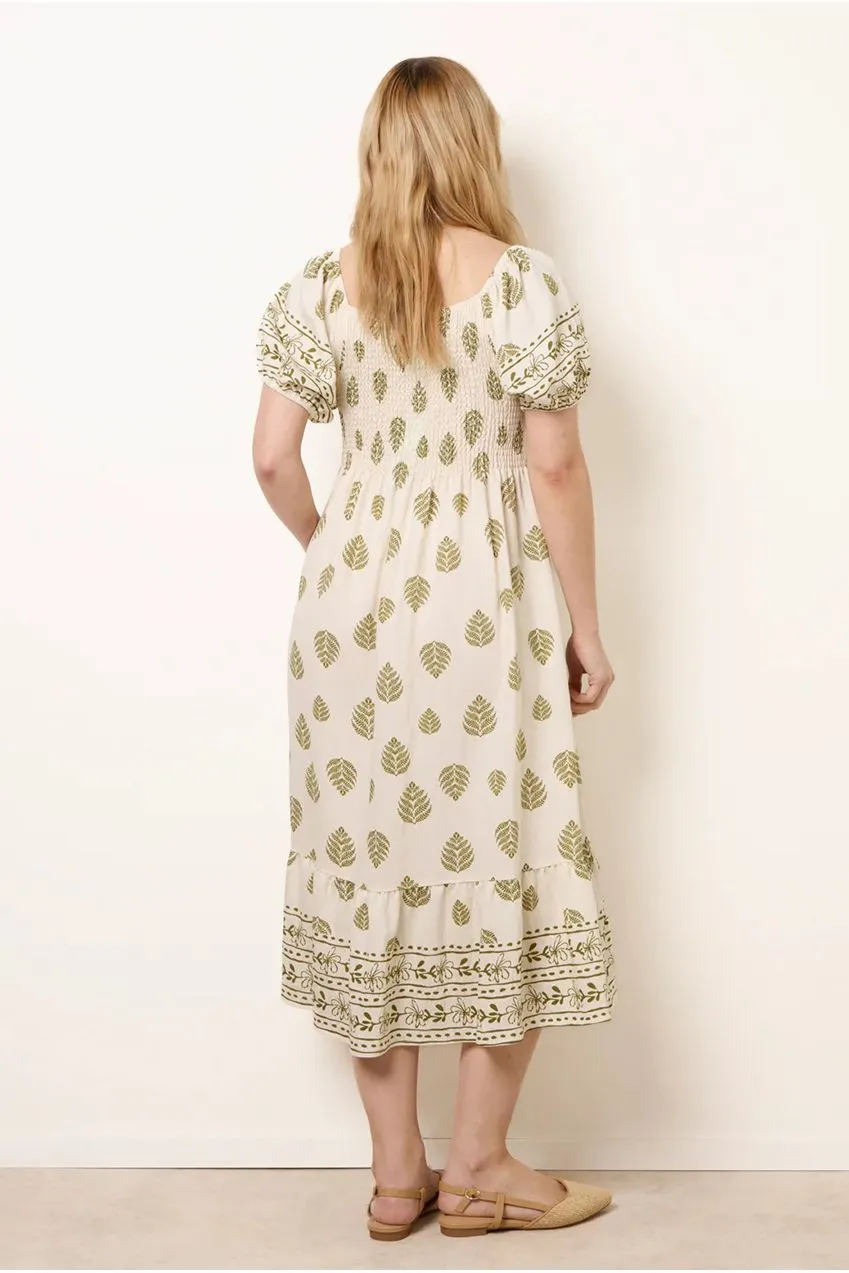 Blue Vanilla Abito Midi Verde Square Neck Shirred S