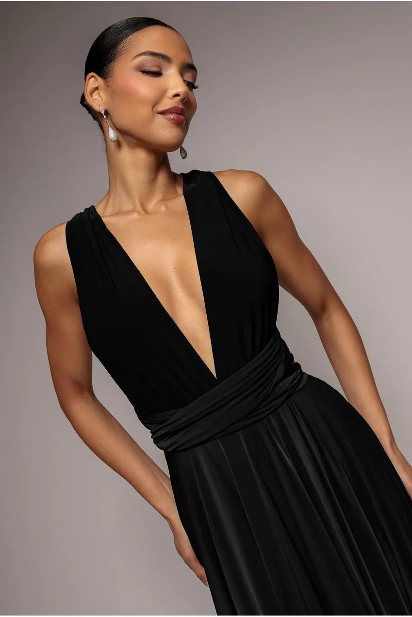 Goddiva abito midi nero schiena scoperta scollo multivia 8