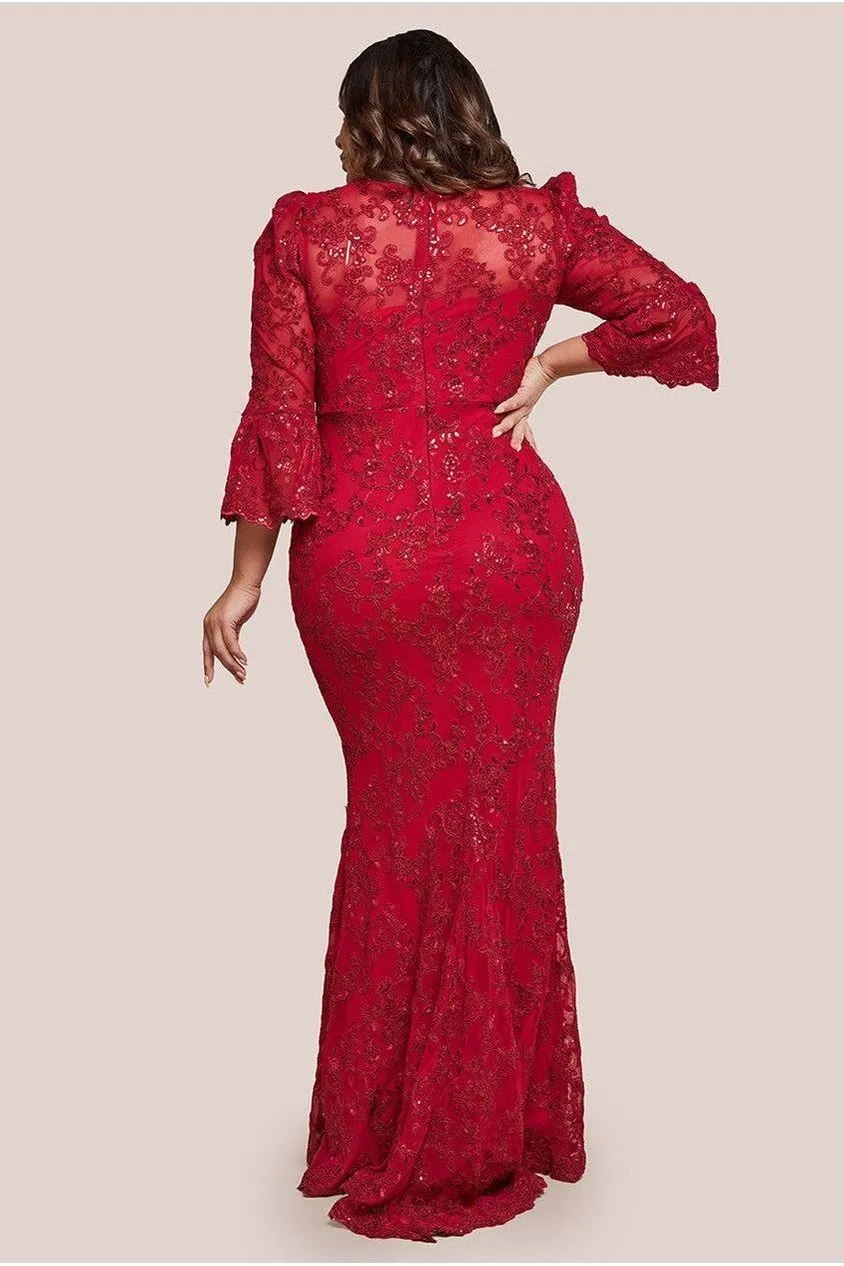 Goddiva Plus Scalloped Lace abito maxi rosso pizzo