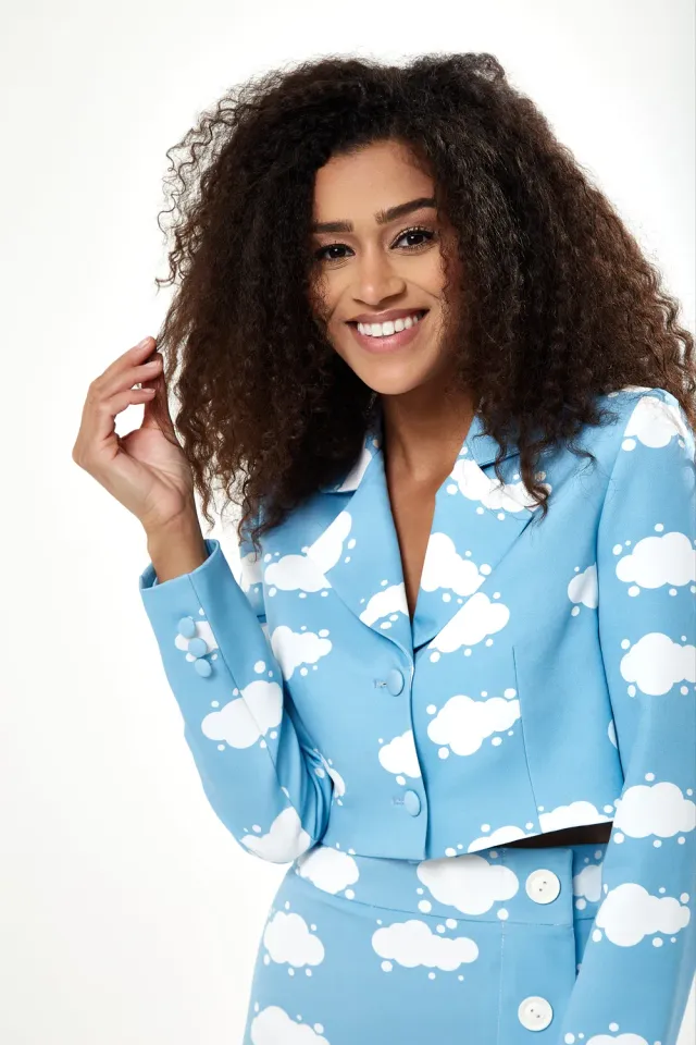 Liquorish Cloud blazer corto blu stampa nuvole boxy