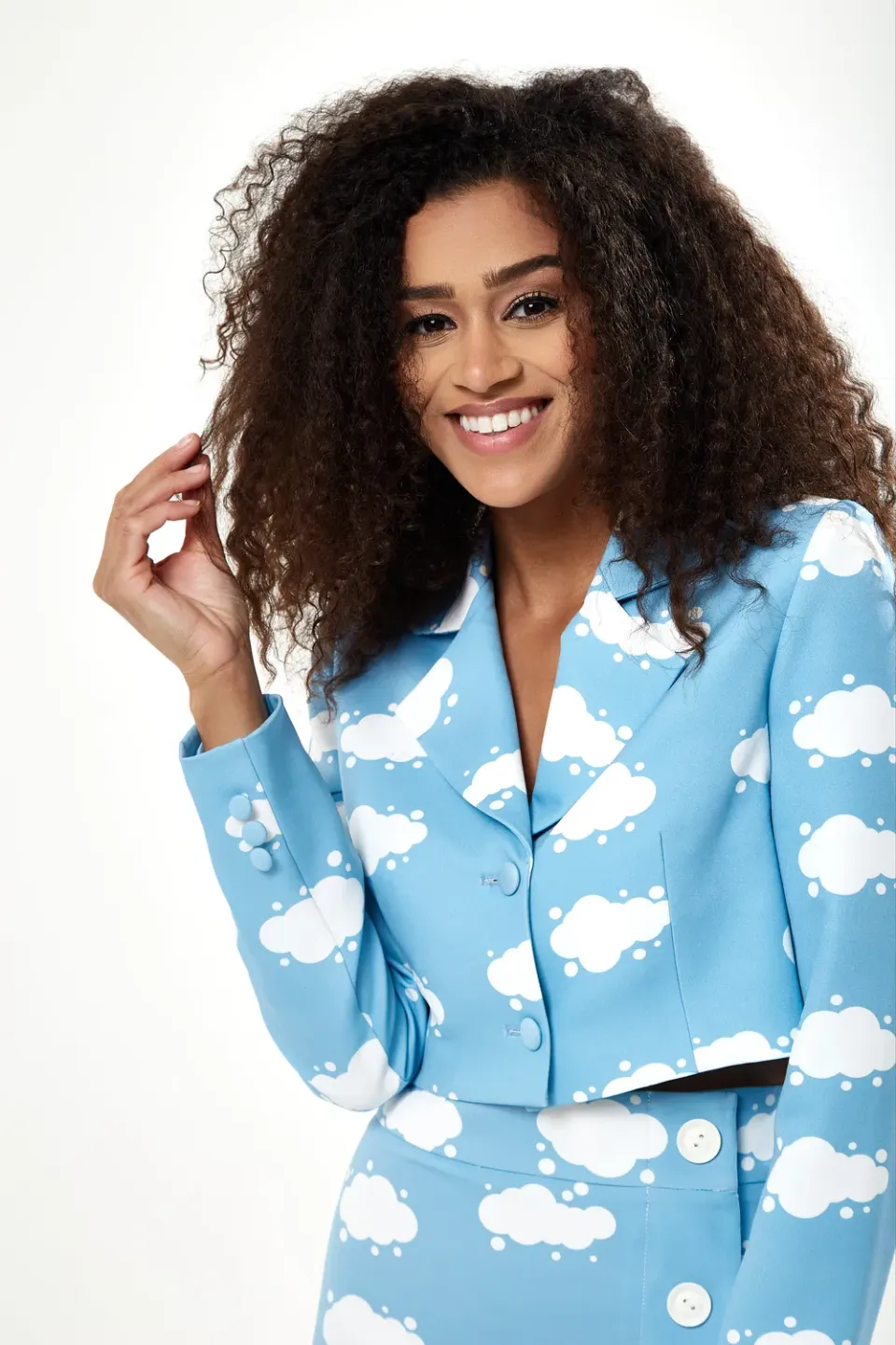 Liquorish Cloud blazer corto blu stampa nuvole boxy