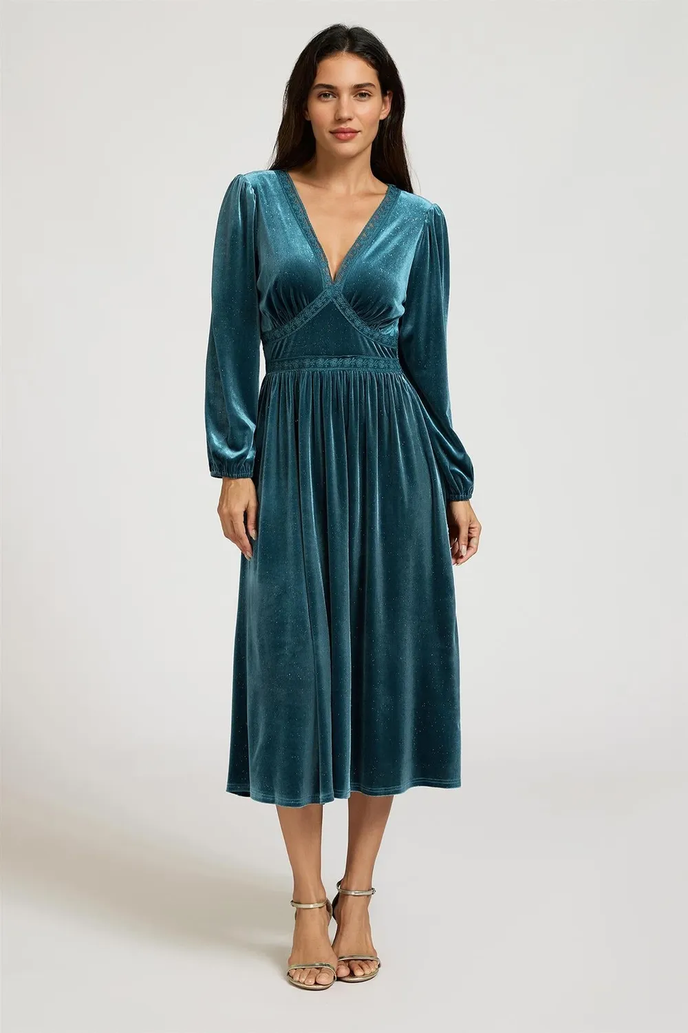 FS Collection abito midi velluto teal collo V manica lunga