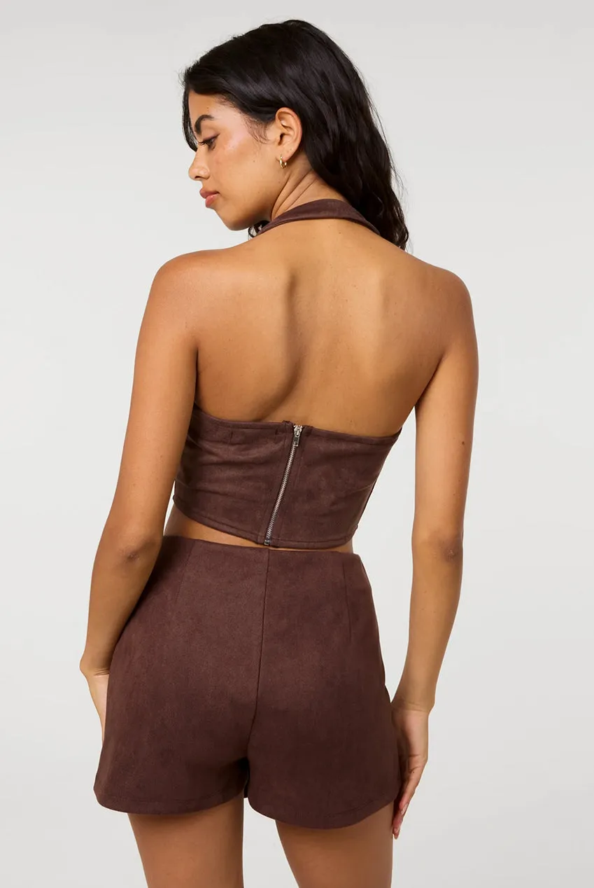 Pink Vanilla Suedette Lace top cioccolato halter taglia S