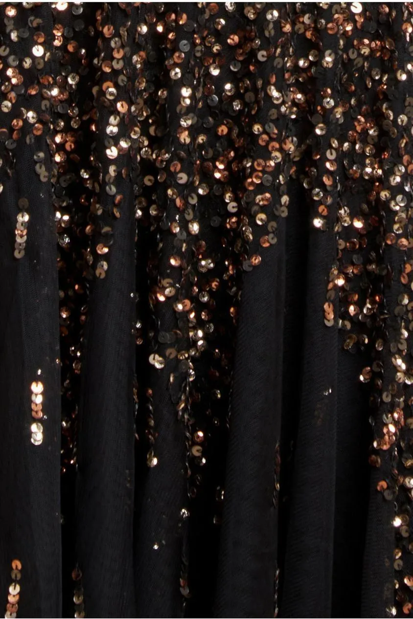 Goddiva Sunray maxi abito nero paillettes scollo V senza maniche