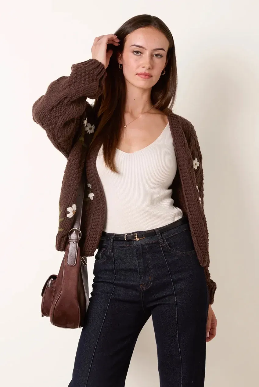 Blue Vanilla Flower Embroidery cardigan cioccolato fiori S/M M/L