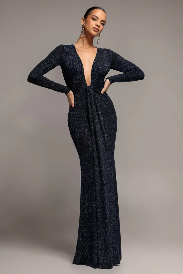 Goddiva Lurex Scollo Profondo Abito Lungo Blu Navy