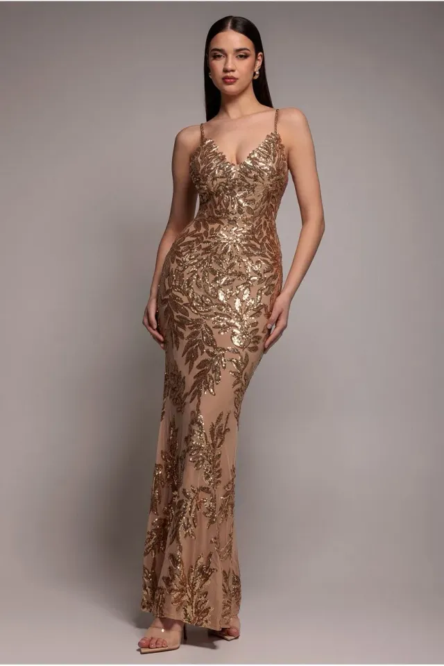 Goddiva Cross Back Diamante Strap abito paillettes oro maxi