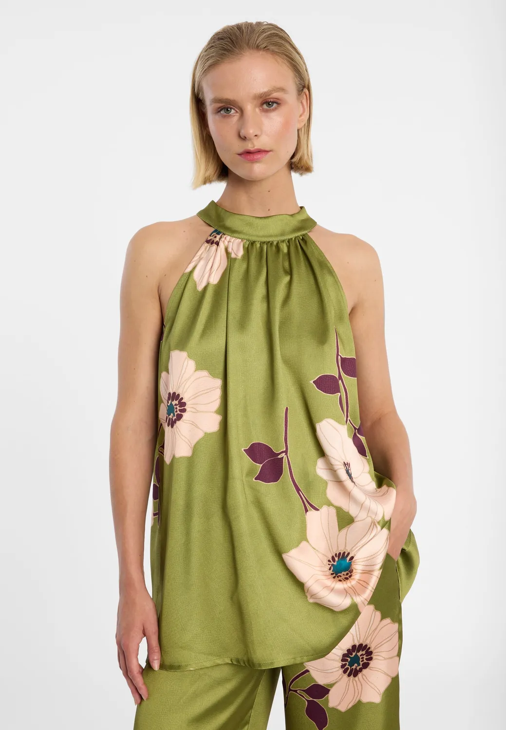 Ana Alcazar Druin top halterneck raso verde floreale