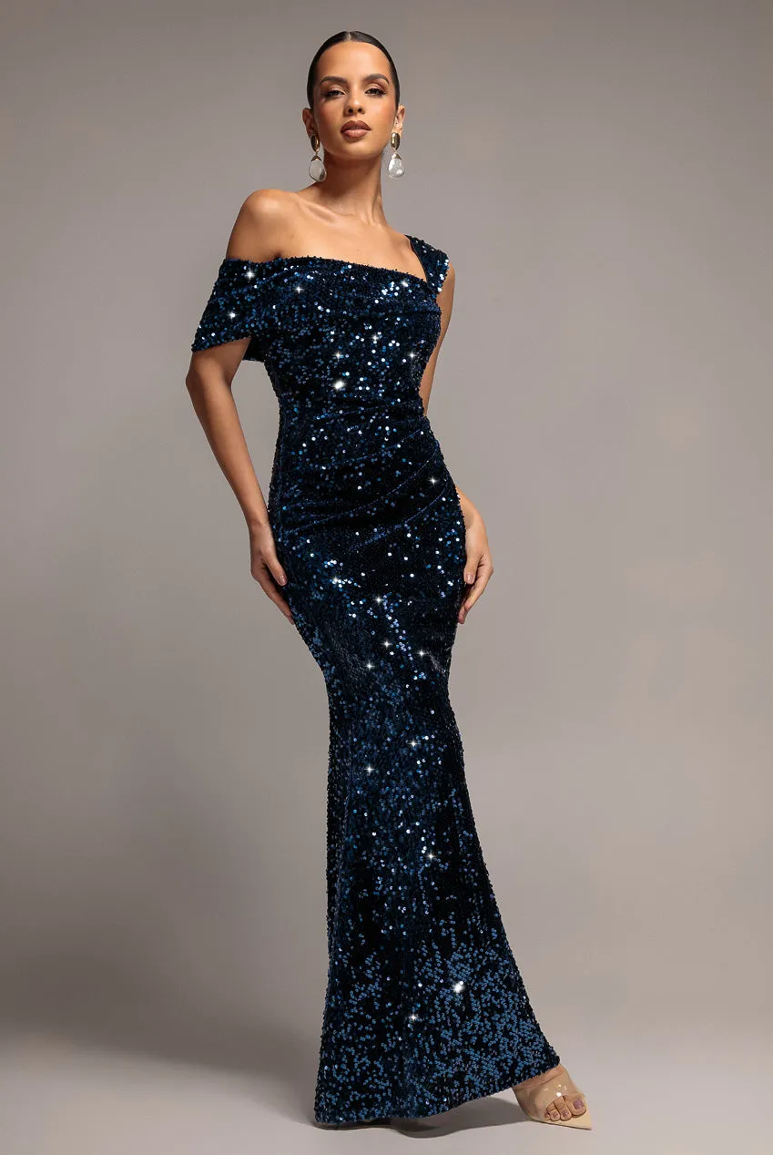 Goddiva abito maxi monospalla navy velluto paillettes