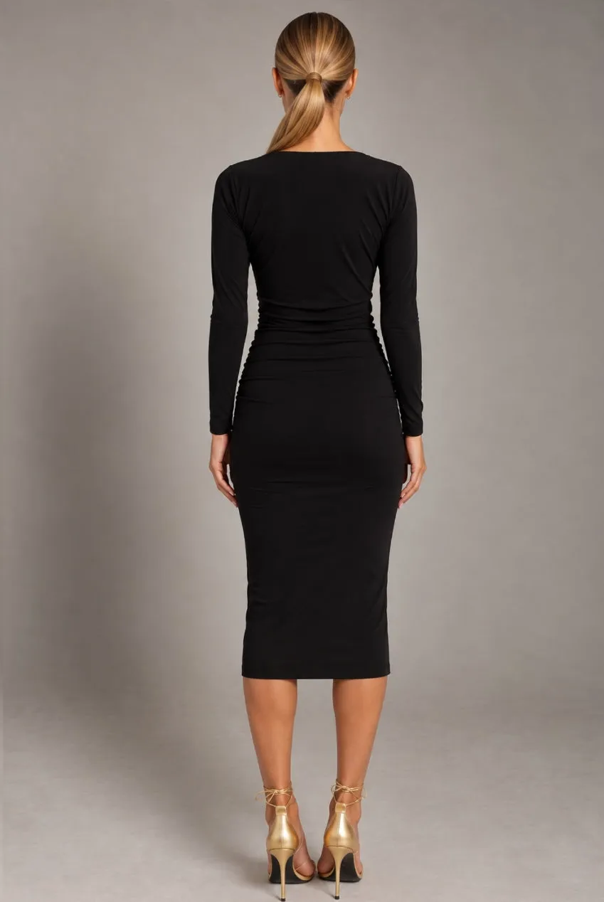 Honor Gold Abbey abito midi nero maniche lunghe scollo a V