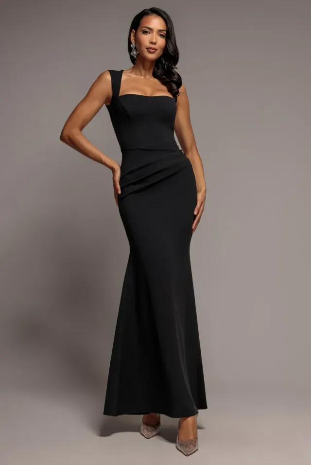 Goddiva abito nero scuba crepe lungo scollo quadrato