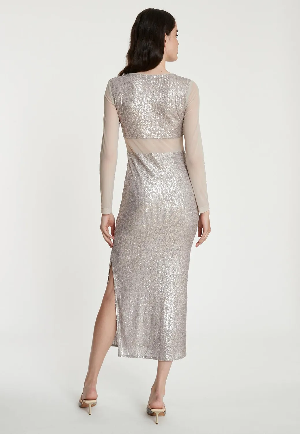 Ana Alcazar Tafia abito midi paillettes argento