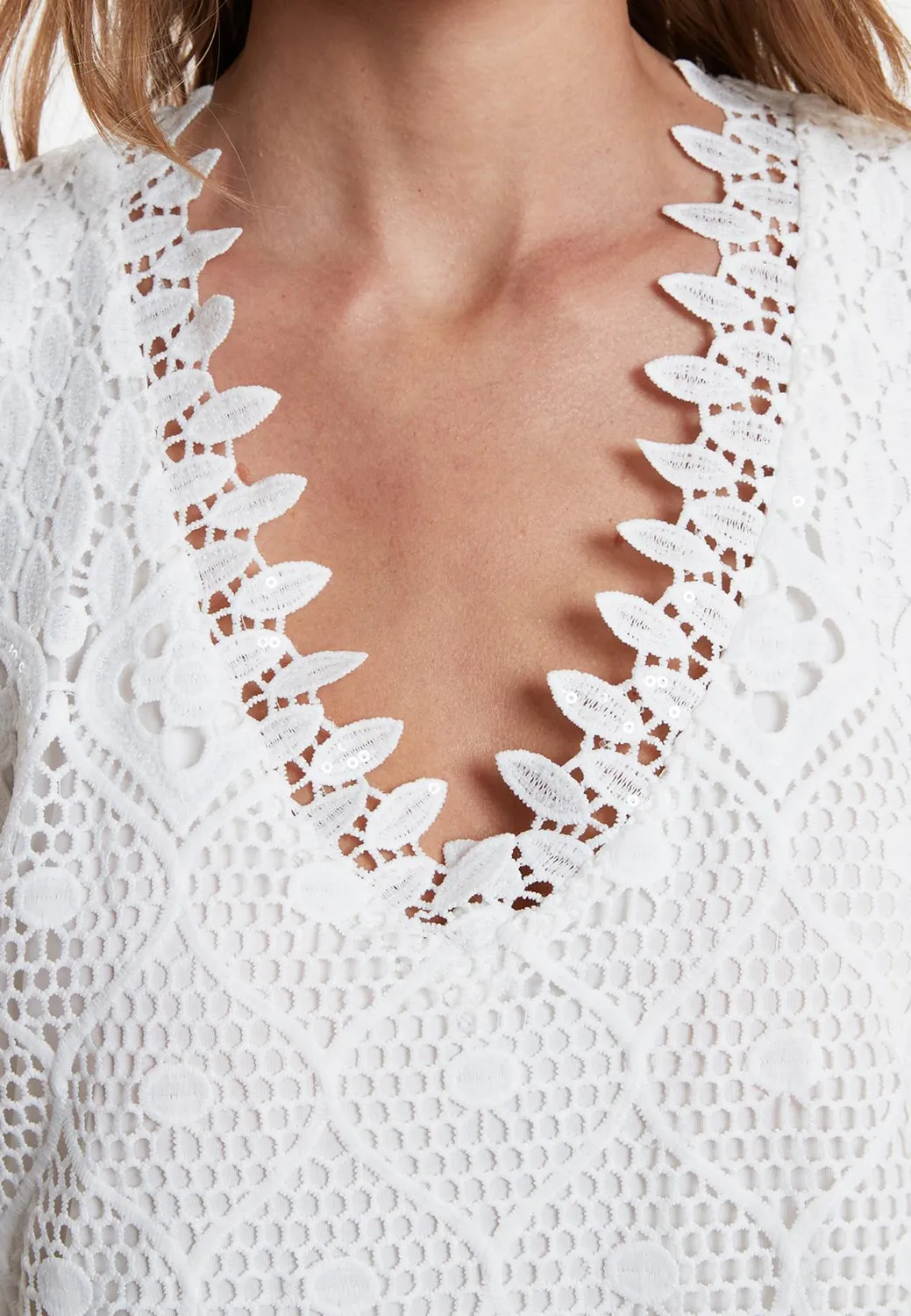 Ana Alcazar Wabora midi abito pizzo bianco scollo V
