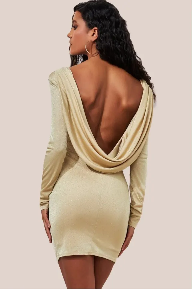 Goddiva DR1301 abito mini oro glitter maniche lunghe