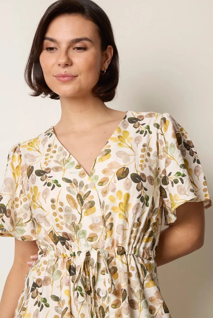 Blue Vanilla Leaf Print abito camicia midi giallo stampa foglie