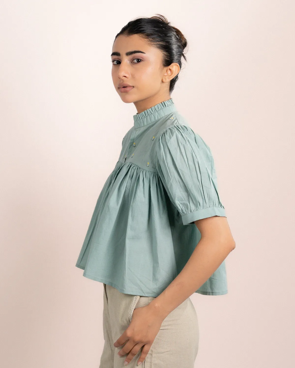 Our Dve Rosy top azzurro menta cotone