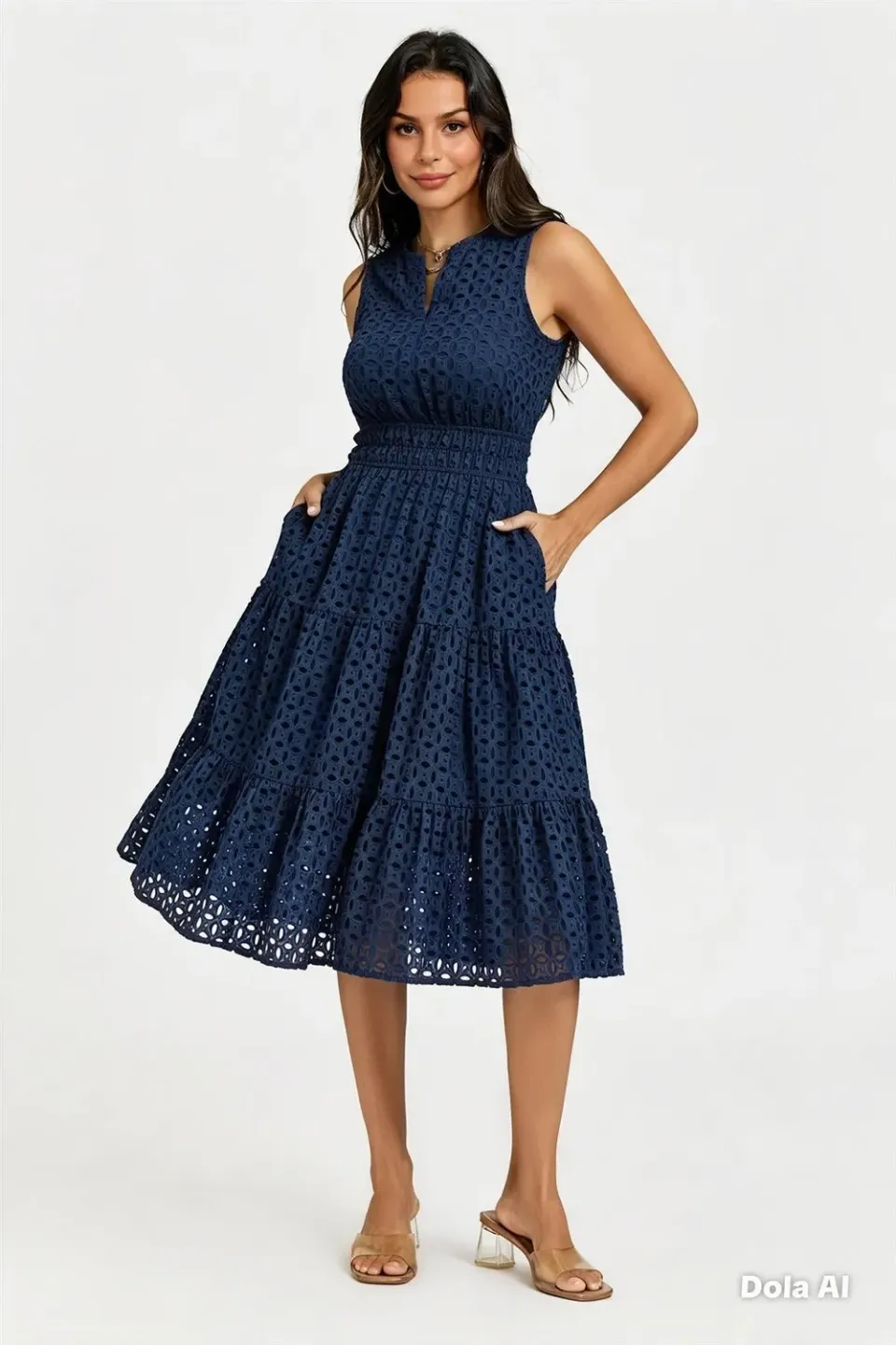 FS Collection Broderie Anglaise Abito Midi Blu Cotone