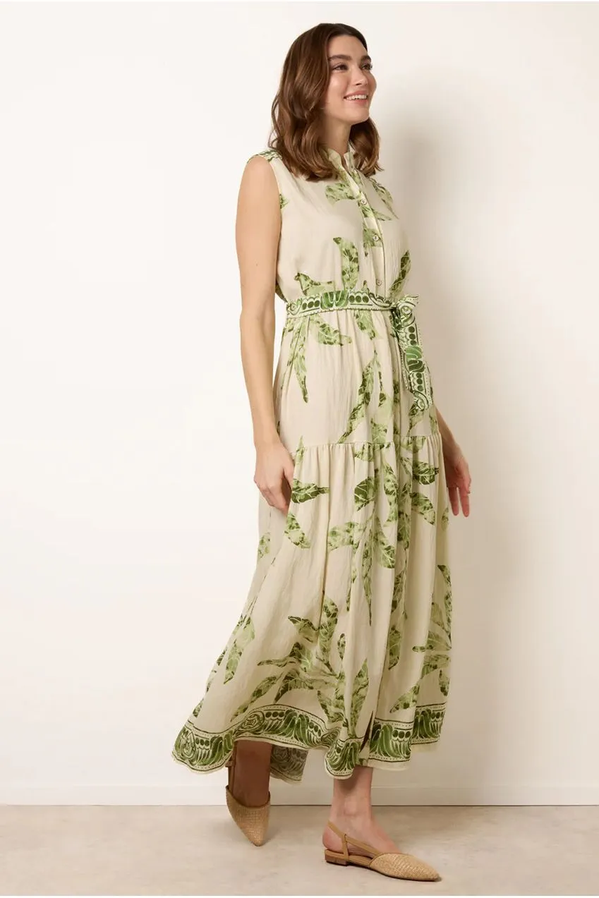 Blue Vanilla Leaf Print Collarless Shirt Dress With Belted Waist abito verde