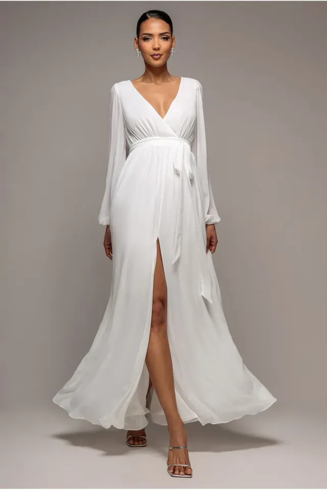 Goddiva Chiffon abito maxi bianco spacco maniche lunghe
