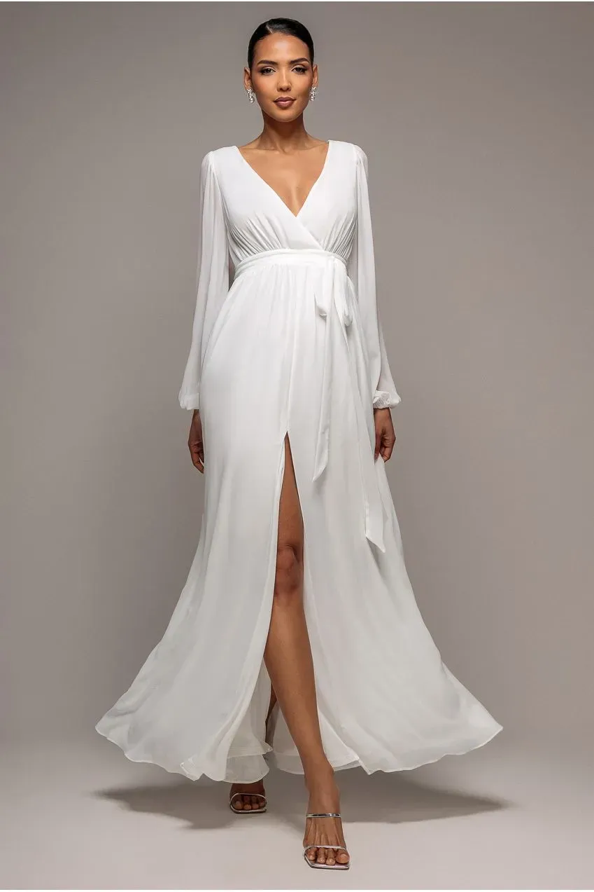 Goddiva Chiffon abito maxi bianco spacco maniche lunghe