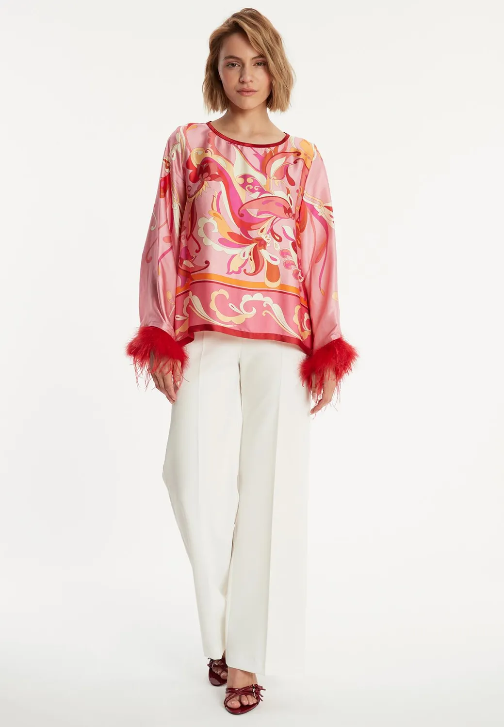 Ana Alcazar Zemmy top in raso rosa con piume