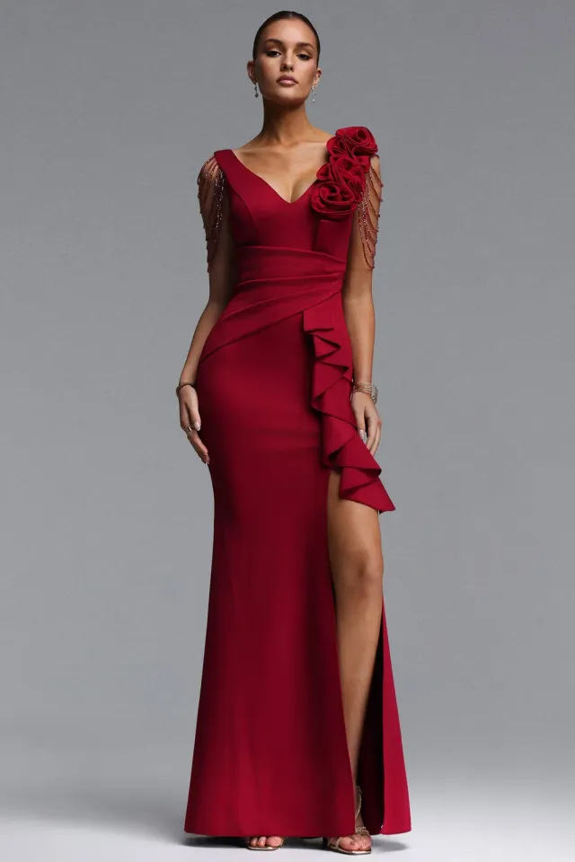 Bella Barnett Mercy abito maxi rosso scollo a V