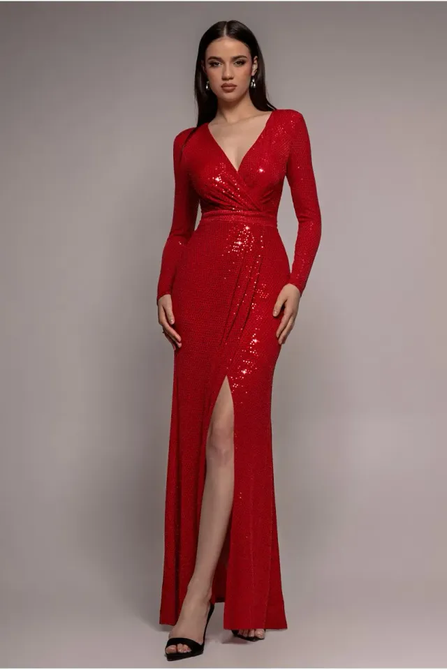 Goddiva Wrap abito maxi rosso paillettes lurex maniche lunghe