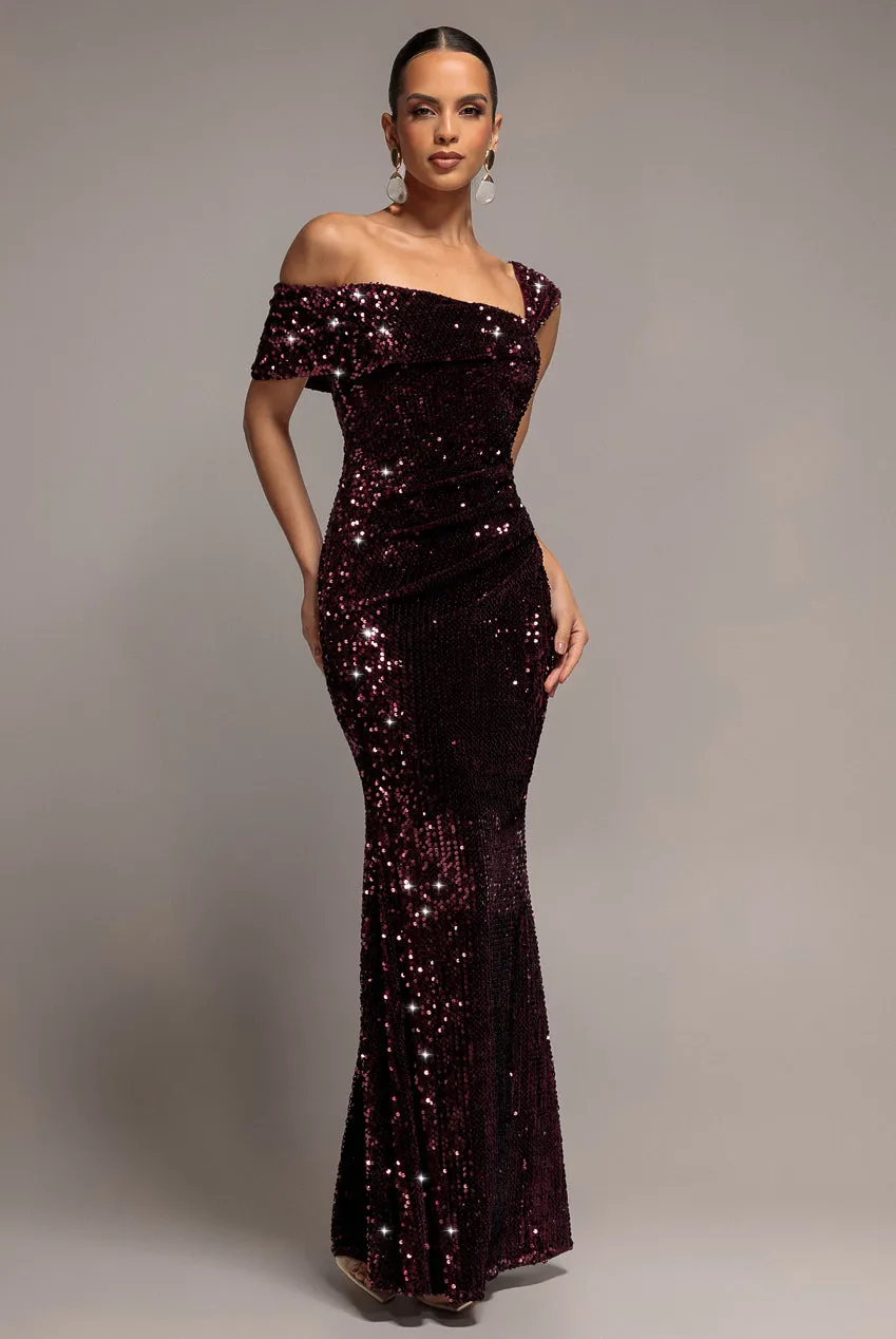 Goddiva Asymmetric Abito Lungo Prugna Paillettes