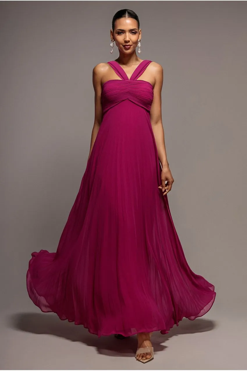 Goddiva Scarf Maxi abito magenta chiffon pieghettato
