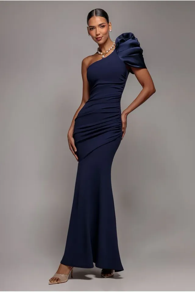 Goddiva One Shoulder abito maxi raso blu navy monospalla