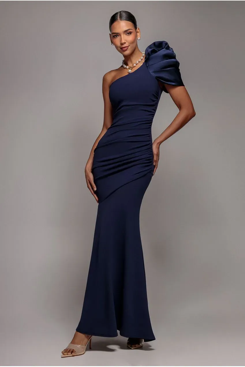Goddiva One Shoulder abito maxi raso blu navy monospalla