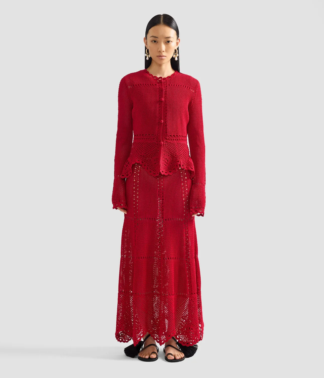 Erdem Cardigan Peplum Uncinetto Cotone Rosso