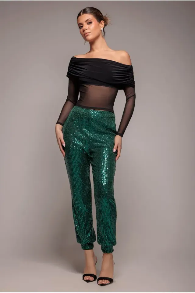 Goddiva pantaloni caviglia paillettes smeraldo vita alta
