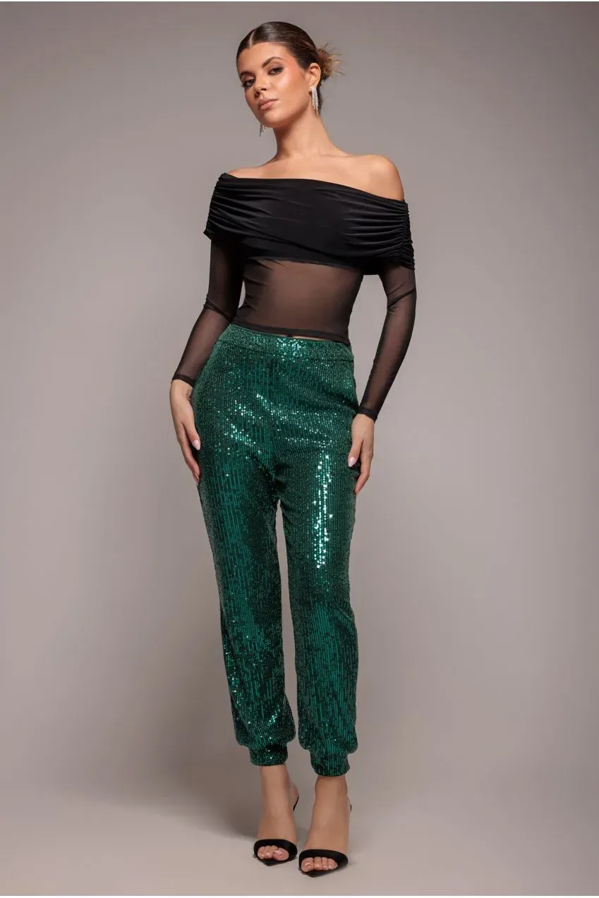 Goddiva pantaloni caviglia paillettes smeraldo vita alta