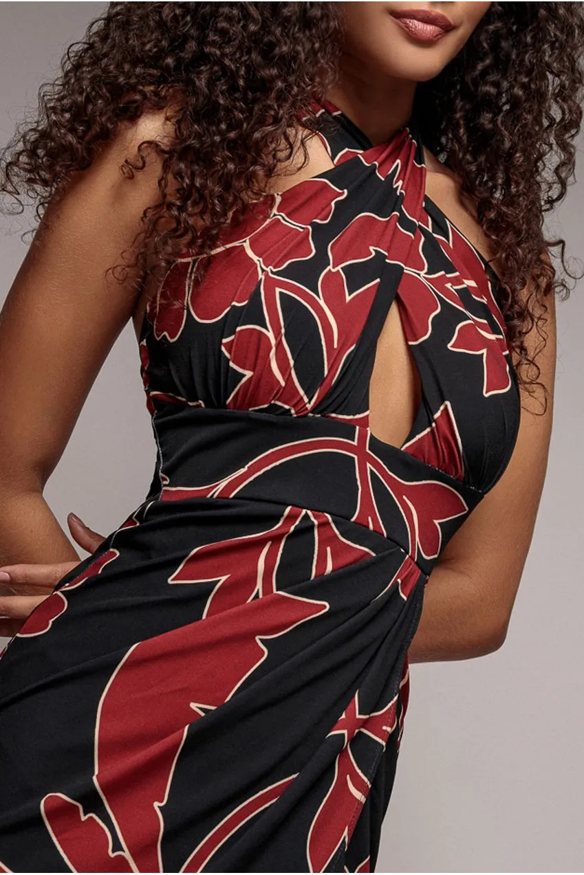 Goddiva Crossover abito maxi stampa nera halter