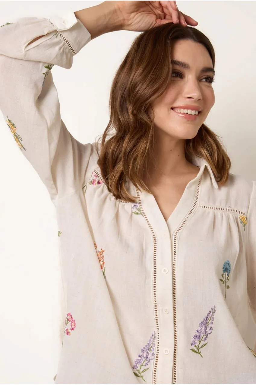 Blue Vanilla camicia ricamata beige manica lunga