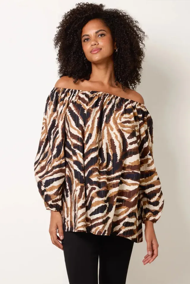 Blue Vanilla blusa tigrata marrone scollo bardot
