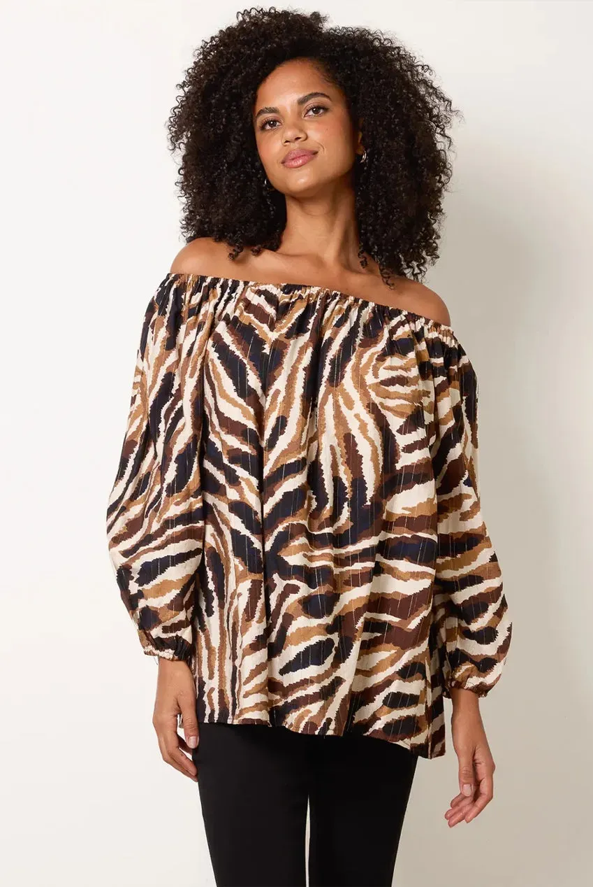 Blue Vanilla blusa tigrata marrone scollo bardot