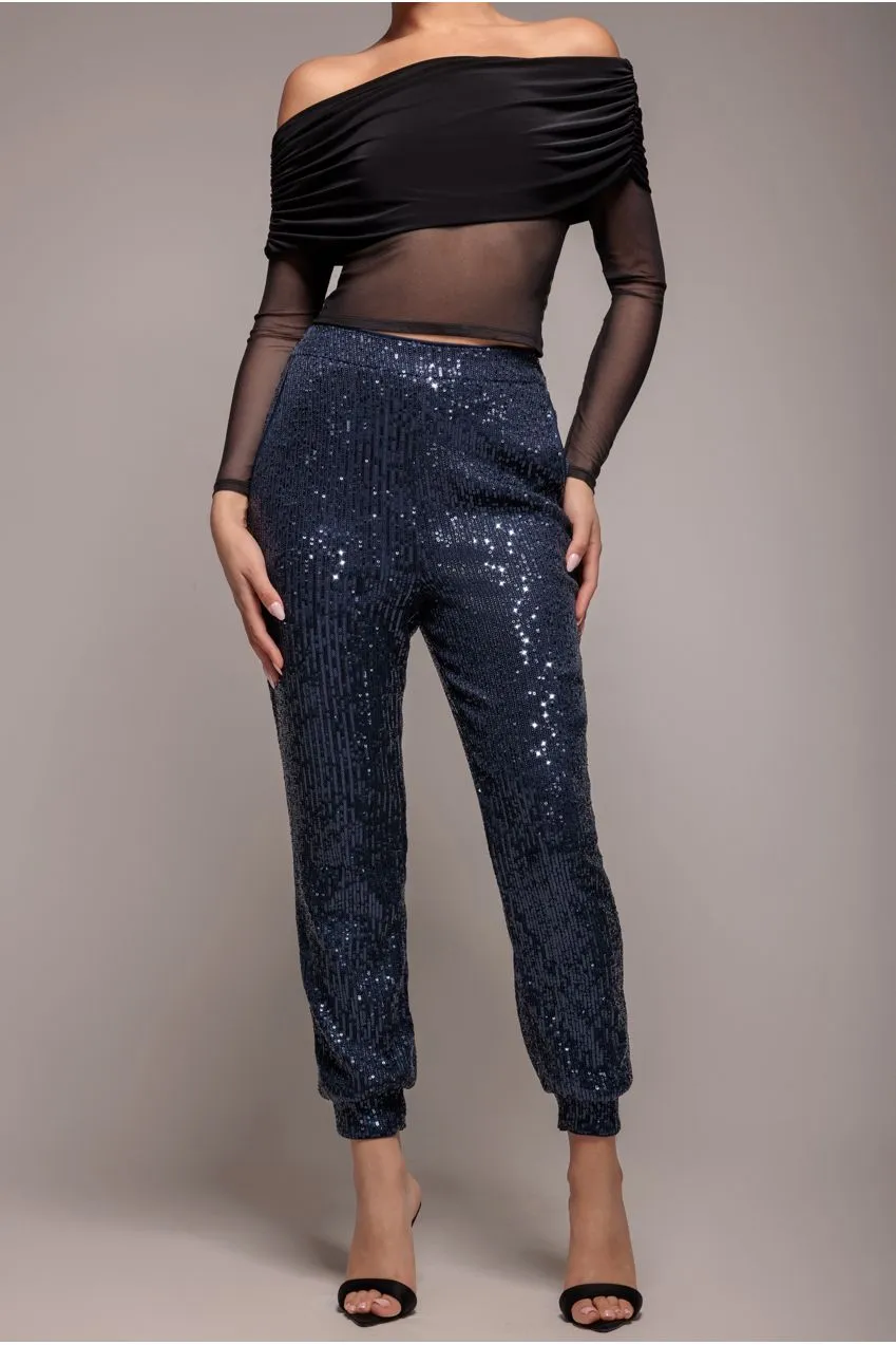 Goddiva Sequin Cuffed Ankle Trouser pantaloni navy paillettes