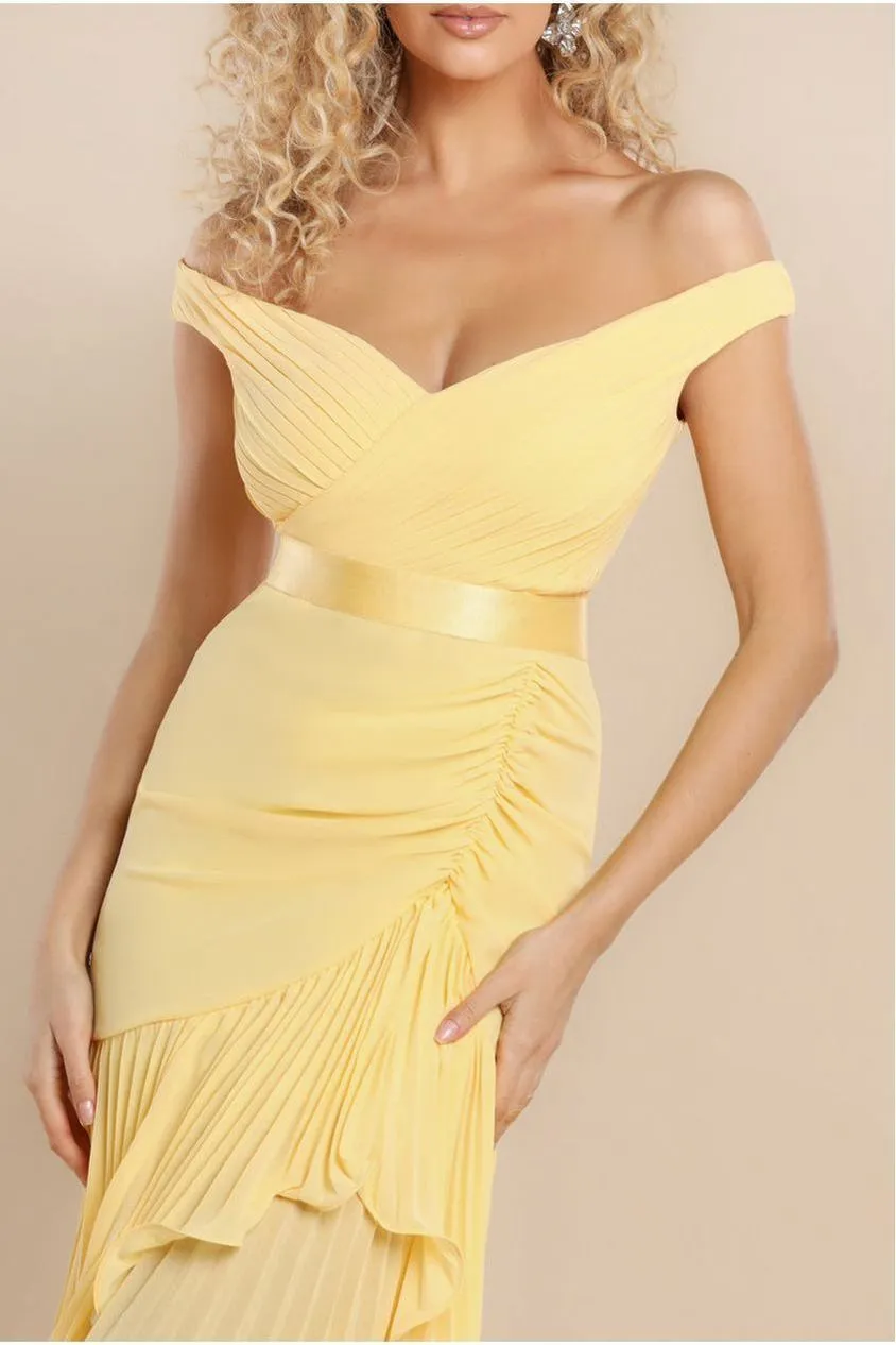 Goddiva Pleated Bardot abito midaxi chiffon limone scollo omeri