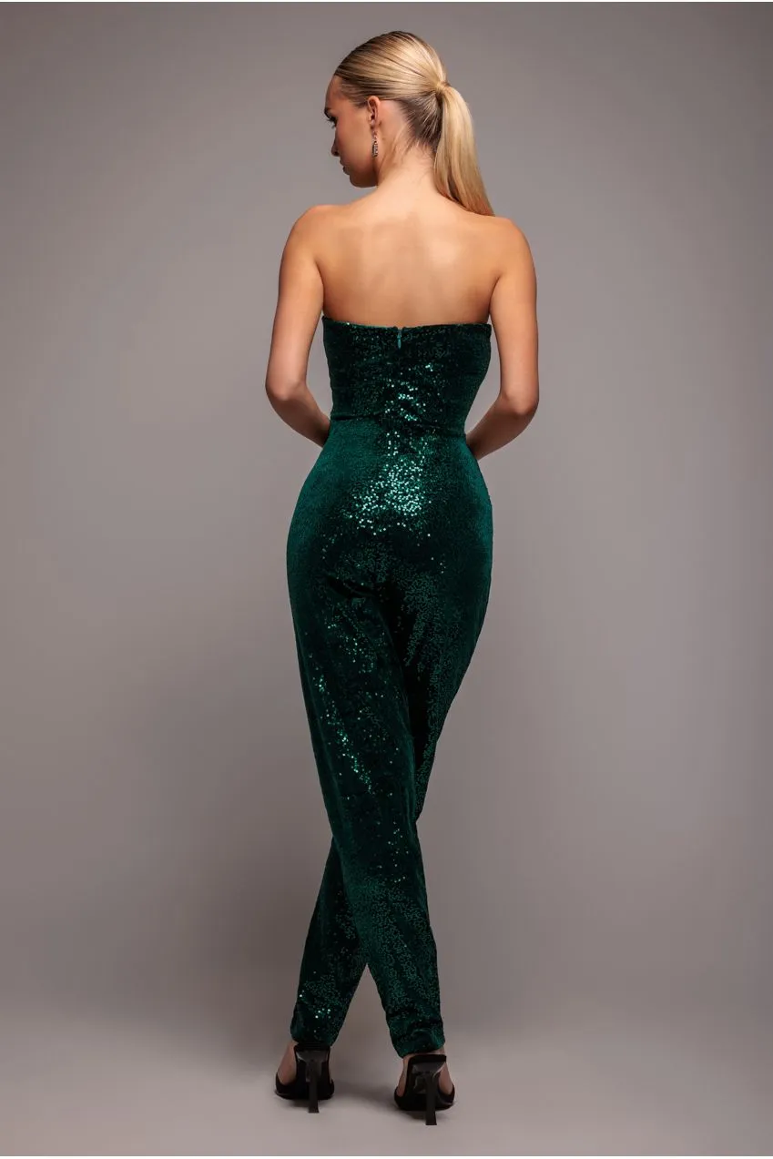 Goddiva Corset tuta lunga verde velluto paillettes
