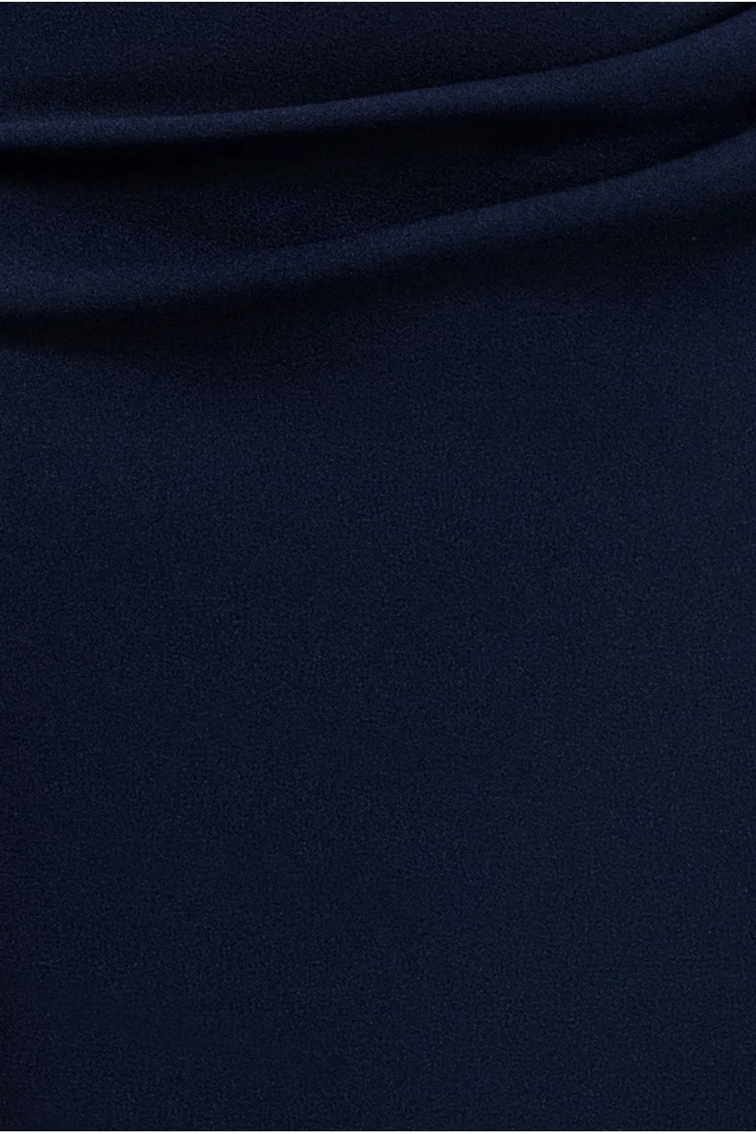 Goddiva vestito maxi blu navy monospalla mantella chiffon