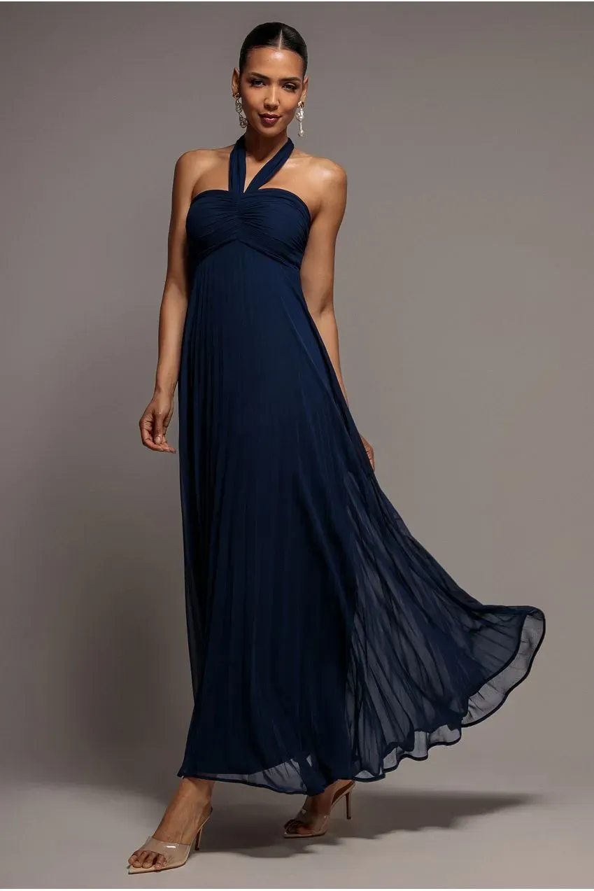 Goddiva Scarf Maxi abito chiffon blu navy plissettato