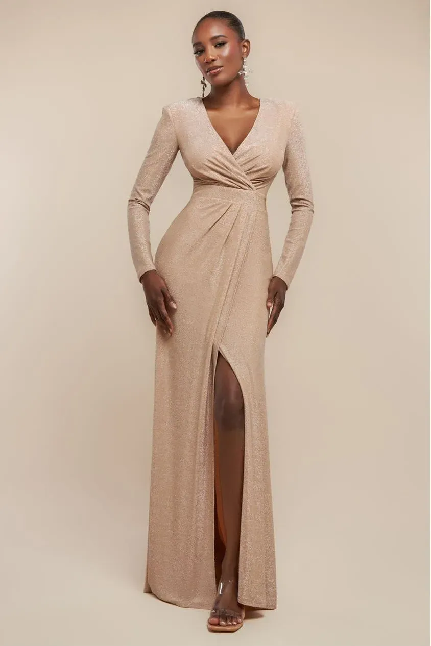 Goddiva Lurex Bodycon abito maxi nude scollo a V