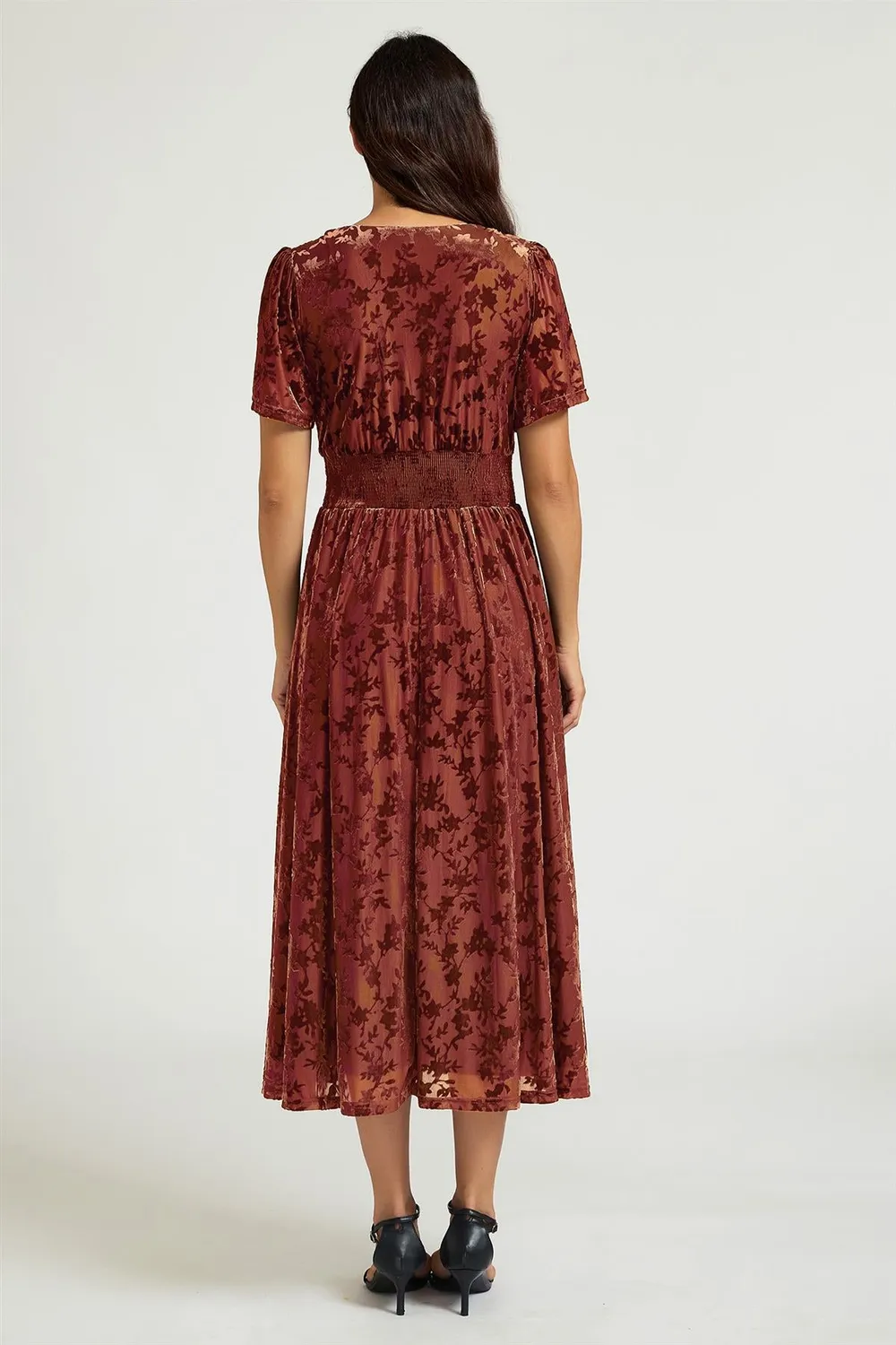 FS Collection Rust Velvet Burnout V-Neck Angel Sleeve Abito Midi Ruggine