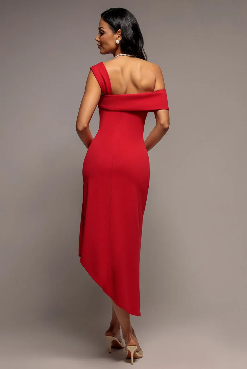 Goddiva Off Shoulder Pleated Waist abito midaxi rosso scuba