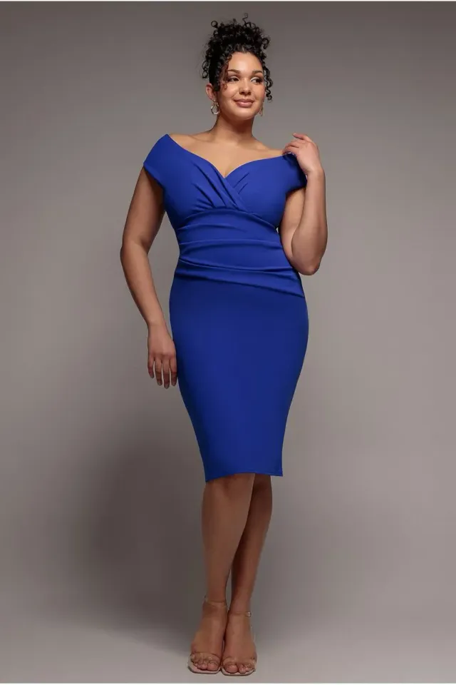 Goddiva Plus DR4135 abito midi bardot blu royal