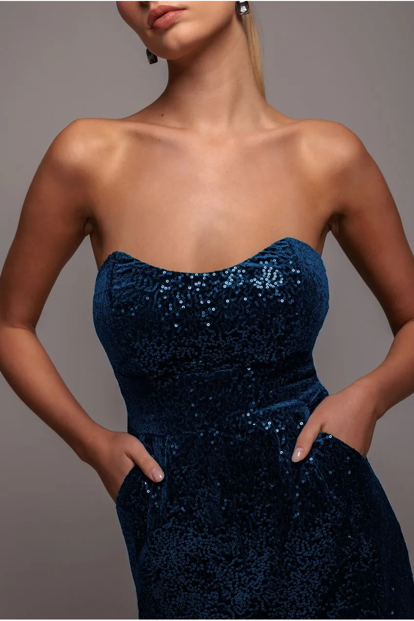 Goddiva Sequin Velvet Corset tuta blu paillettes